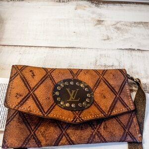 Crossbody bag or wallet with detachable strap. LV repurposed patch.